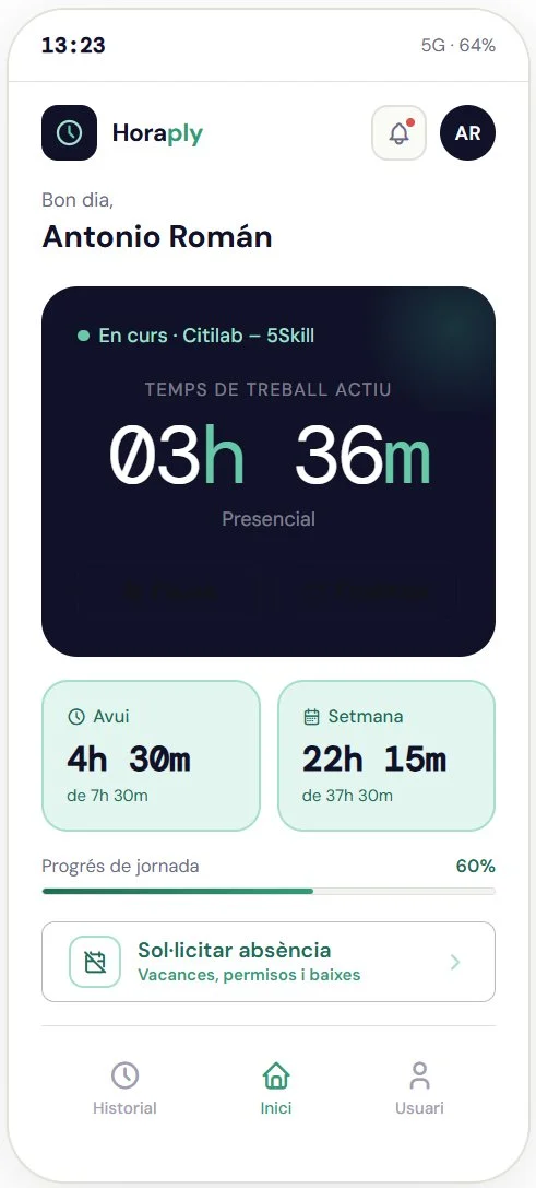 Aplicación móvil HoraPly mostrando la jornada y su progreso