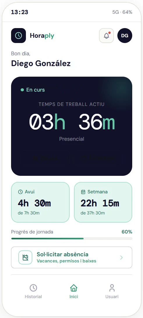 Pantalla móvil de HoraPly con jornada en curso, progreso diario y navegación del empleado